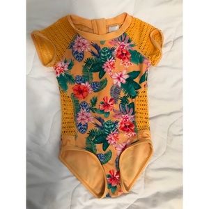 Girls’ Floral Back Zipper Short-Sleeve Swimsuit